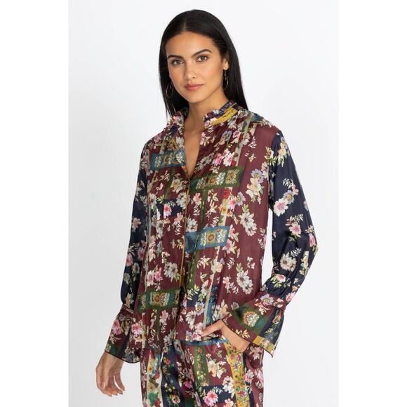 Johnny Was Laurie Milan Blouse print silk vintage boho plus size peasant 2XL